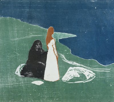 Duas mulheres, praia, 1898, (color, woodcut) de Edvard Munch