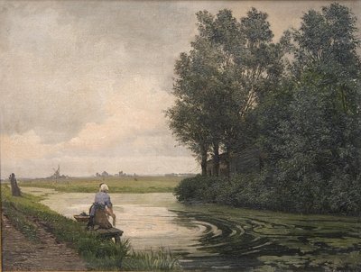 paisagem holandesa. Uma menina lava por um canal de Edvard Petersen