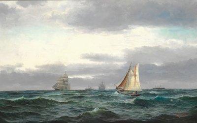 Marinha com vários navios, nuvens cinzentas chuvosas e um pouco de céu azul de Edvard Skari