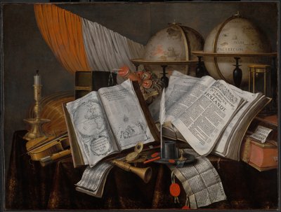 A Vanitas Still Life com uma bandeira, castiçal, instrumentos musicais, livros, parafernália de escrita... de Edwaert Collier