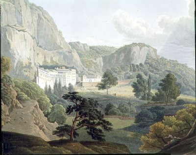 O Mosteiro de Megaspelia, placa 8 da Parte 2 de "Vistas na Grécia", gravada por Robert Havell de Edward (after) Dodwell