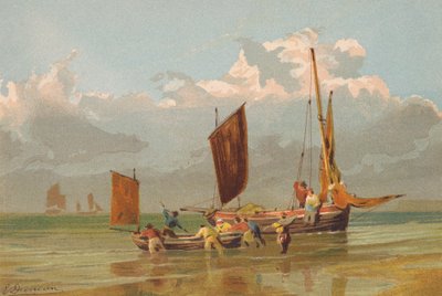 Barcos de pesca a sair, ao largo de Norfolk (litografia a cores) de Edward (after) Duncan