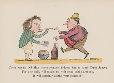 Havia um velho cujos remorsos o levaram a beber molho de alcaparra (gravura a cores) de Edward (after) Lear