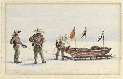 A festa do trenó em White Island, fevereiro de 1902: Shackleton, Wilson e Ferrar se preparando para partir, 1902 de Edward Adrian Wilson