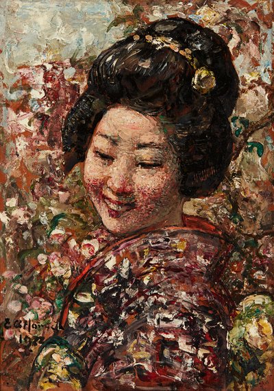 Garota Japonesa (óleo no painel) de Edward Atkinson Hornel