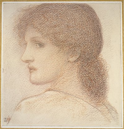 Um estudo da cabeça de uma mulher, voltada para a esquerda, 1868 (giz vermelho sobre papel) de Edward Burne Jones