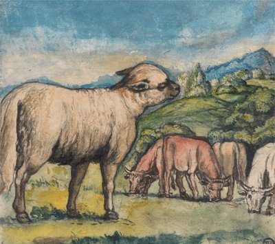 Cordeiro e Bois numa Paisagem Pastoral de Edward Calvert