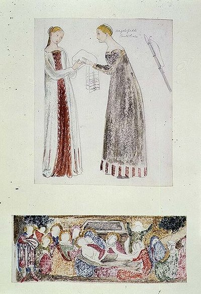 No.1084-f.10 (TtoB) Duas Criadas, uma cópia de O Nascimento de Maria por Giovanni da Milano da Capela Rinuccini, Florença; A Lamentação (aquarela, lápis) de Edward Coley Burne Jones