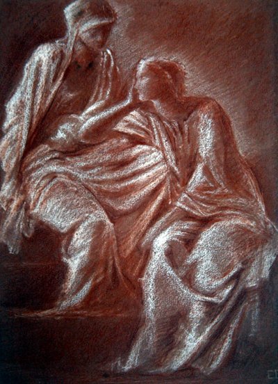 Estudo de figuras femininas (giz vermelho e branco sobre papel) de Edward Coley Burne Jones