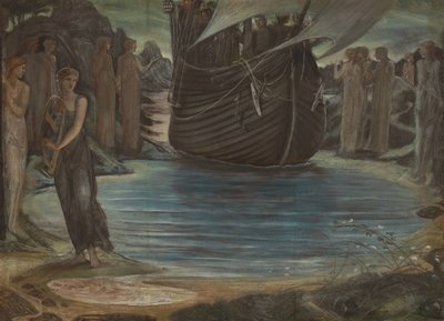 As Sereias (Estudo de Composição) (gizes de cor e aguarela sobre papel vegetal sobre tela) de Edward Coley Burne-Jones