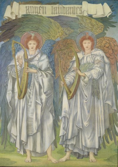 Angeli Laudantes, c.1887 (desenho para uma janela na Catedral de Salisbury, também para tapeçarias) (giz colorido sobre papel) de Edward Burne Jones