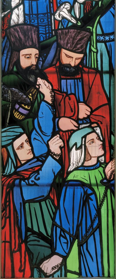Detalhe da procissão de Salomão e da Rainha de Sabá, 1857 (vitral) de Edward Burne Jones