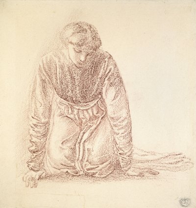 Ajoelhando-se figura de uma mulher (giz vermelho escuro em papel branco) de Edward Burne Jones