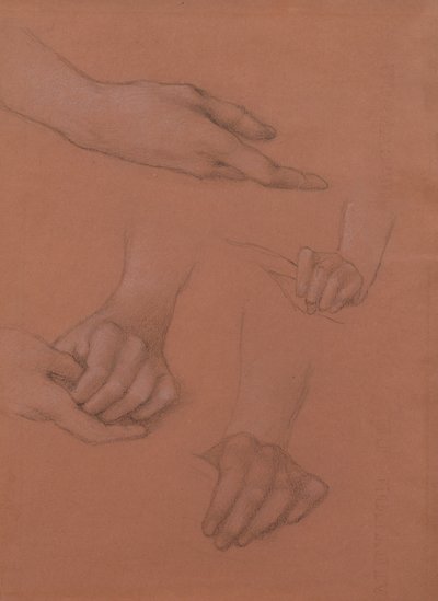 Estudos das Mãos para o Retrato de Mary Gaskell (giz preto e branco sobre papel) de Edward Burne Jones