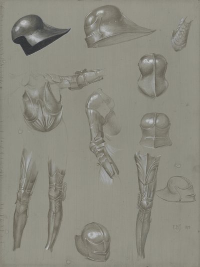 Estudos de uma armadura de 1875 (grafite, lavagem, wc e bodycolour no papel) de Edward Burne Jones