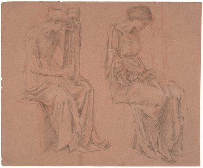 Dois estudos de uma menina sentada tocando uma cítara de Edward Coley Burne Jones