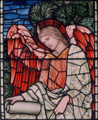 Birmingham, Acocks Green, Virgem Maria, Morris & Co., Edward Burne-Jones, John Henry Dearle (1859-1932), Anjo com Pergaminho, detalhe, 1895 de Edward Coley and Dearle Burne Jones