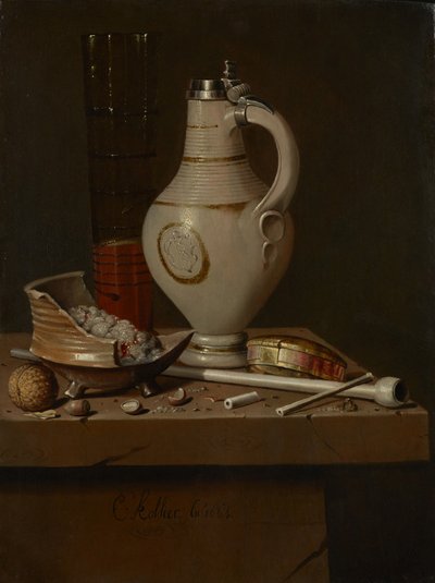 Natureza morta com utensílios para fumar e caneca de cerveja, 1664 de Edward Collier