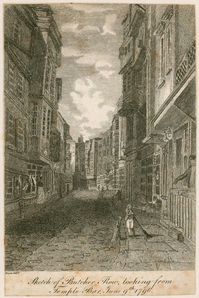 Esboço de Butcher Row, olhando de Temple Bar, 9 de junho de 1796 de Edward Dayes