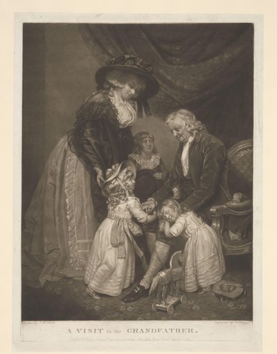 Mulher com três filhos visitando seu avô Uma visita ao Avô (título no objeto) de Edward Dayes