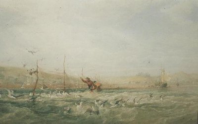 Pescadores que perseguem gaivotas das redes, Mumbles, Gales do Sul de Edward Duncan