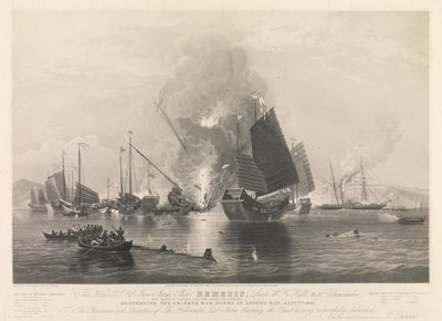 O navio a vapor de ferro Nemesis, da Hon. E.I. Co., ... com os barcos Sulphur, Calliope, Larne e Starling, destruindo os juncos de guerra chineses, na baía de Anson, a 7 de janeiro de 1841 (Chuenpee, perto de Cantão) de Edward Duncan