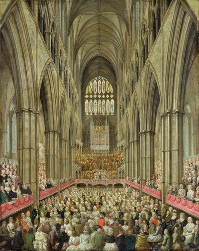 Uma vista interior da Abadia de Westminster sobre a comemoração do centenário de Handel, tirada da caixa do gerente, c.1793 de Edward Edwards