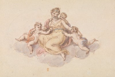 Mãe e filhos sentados nas nuvens de Edward Francis Burney