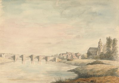 Paisagem fluvial com ponte de Edward Francis Burney