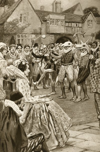 A rainha Ellizabeth I a ser entretida por bobos da corte (litografia) de Edward Frederick Skinner