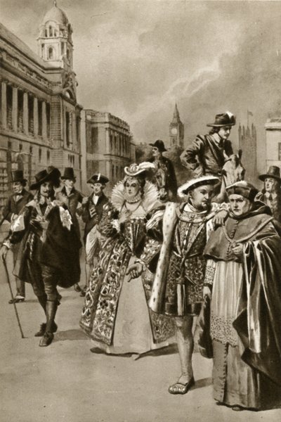 Ruas de Londres: Rei Carlos I, Rainha Isabel I, Rei Henrique VIII, Cardeal Wolsey (litografia) de Edward Frederick Skinner
