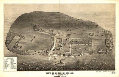  Não atraído à escala. LC Civil War Maps (2ª ed.), 320 Desenho em perspectiva mostrando fortificações, prisão, edifícios, e vegetação. Os edifícios principais são introduzidos por número a uma lista no canto inferior esquerdo. Descrição derivada da bibliog de Edward Gould