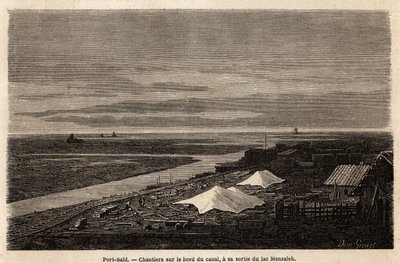 Port Said estaleiros navais, na beira do Canal do Suez, na sua saída do Lago Menzaleh, desenho de Grenet, para ilustrar uma excursão ao Canal do Suez, em 1862, por Paul Merruau. Gravura em "Le tour du monde", editado por Edouard Charton de Edward Grenet