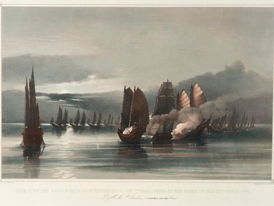 Ataque ao esquadrão pirata de Chuiapoo, ao largo de Tysami, China, na noite de 28 de setembro de 1849 pelo HMS Columbine, J C Dalrymple Hay, Esqr, Commr, c.1849 (impressão, litografia, cor) de Edward Hodges Cree