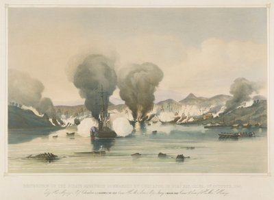 Destruição da esquadra de piratas comandada por Chui Apoo, na baía de Byas, China de Edward Hodges Cree