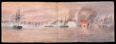 Diário Ilustrado Privado do Dr. E H Cree, Volume XII 1849, página 73-74, "O ataque à frota pirata de Shap-ng-tsai no rio Tonquin" 21 de outubro de 1849 CRJ12 (pintura) de Edward Hodges Cree