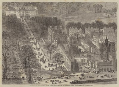 Visão panorâmica dos palácios de Buckingham e St. Jamess, mostrando a procissão passando adiante de Edward Hull