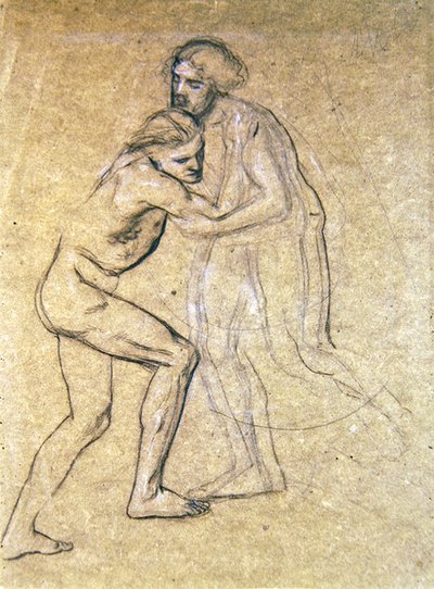 Estudo de dois homens nus abraçando para The Prodigals Return, 1869 (giz no papel) de Edward John Poynter