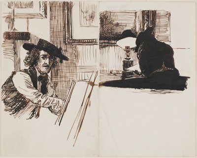 Whistler desenhando Poynter, vista traseira de um homem sentado em uma mesa perto de uma lâmpada acesa, 1860. de Edward John Poynter
