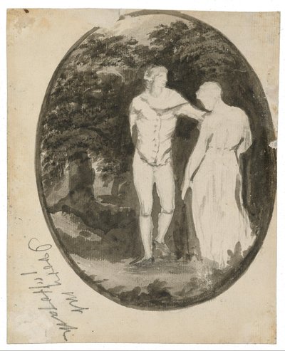 Um casal numa paisagem arborizada, numa forma oval de Edward Lear