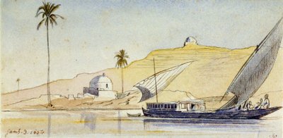 Uma grande fellucca egípcia no Nilo (Egito), em frente às margens íngremes, com uma palmeira e dois marabus brancos, que acentuam o aspeto desértico da paisagem de Edward Lear