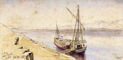 Um barco tradicional egípcio atracando numa margem do Nilo, perto de Esneh (Egipto). Desenho a aguarela colorida de Edward Lear