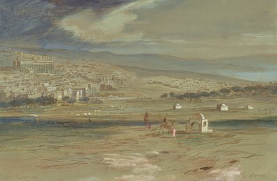 Vista da cidade de Hebron com camelos e figuras em primeiro plano de Edward Lear
