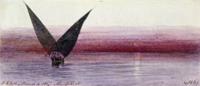 Um barco egípcio no Nilo, em Manfaloot (Egito). Desenho a aguarela colorida de Edward Lear