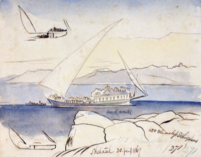 Um dhow egípcio no Nilo, perto de Shetaal (Egipto). Desenho a aguarela colorida de Edward Lear