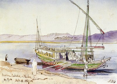 Barco egípcio atracado na margem do Nilo, entre Daboad e Phila (Egipto). Desenho a aguarela colorida de Edward Lear
