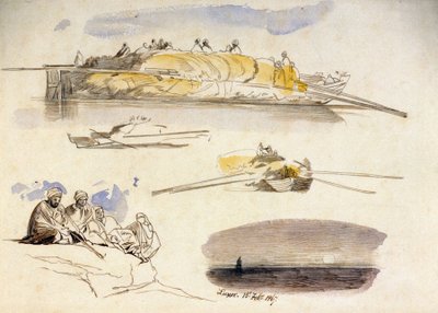 Cinco esboços de Luxor (Egipto), três vistas de uma casa flutuante carregada de palha, um esboço de cinco egípcios sentados e uma paisagem ao anoitecer de Edward Lear