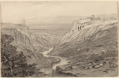 Cabras descansando acima de um desfiladeiro do rio (Narni, Itália) de Edward Lear