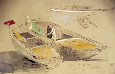 Estudos de barcos venezianos, na costa. Desenho a aguarela colorida, de Edward Lear (1812-1888). de Edward Lear