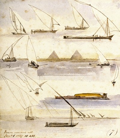 Estudo de vários barcos egípcios (Dahabeeyahs e Gyassis), com uma cena em frente às pirâmides de Gizé (Cairo) no meio da página de Edward Lear